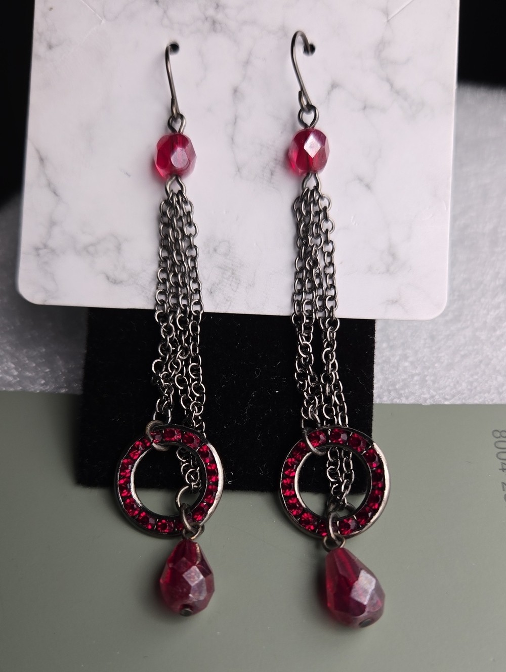 Vintage Red Crystal Dangle Earrings In Black Gunmetal Tone